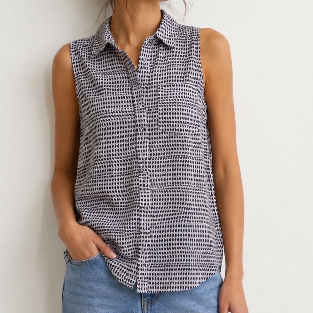 Talbots XS Sleeveless Button Front Blouse Purple Geometric Golf‎ Workwear Preppy